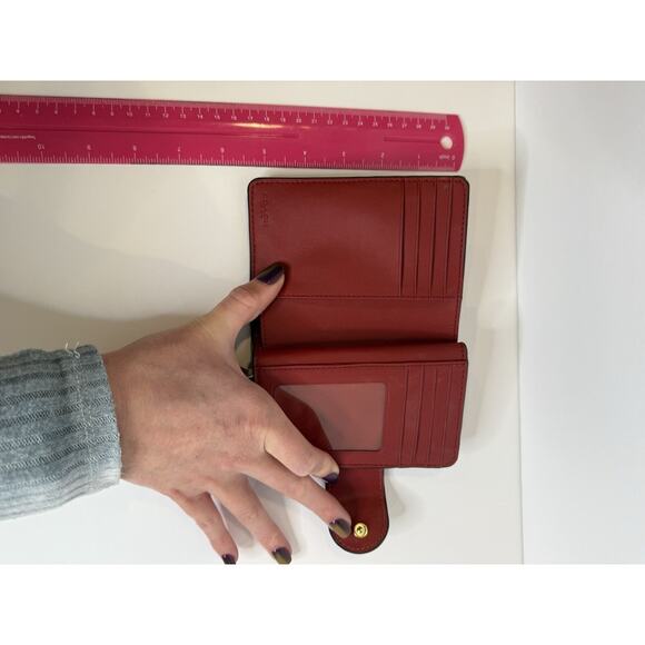 Coach C0082 Small Trifold Wallet — Signature Brown Canvas with Red Leather Trim - Picture 6 of 7